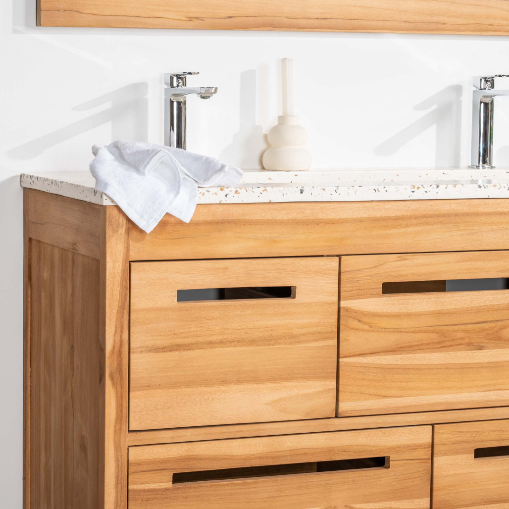 Meuble salle de bain en teck et terrazzo crème Sira 120cm - Wanda collection