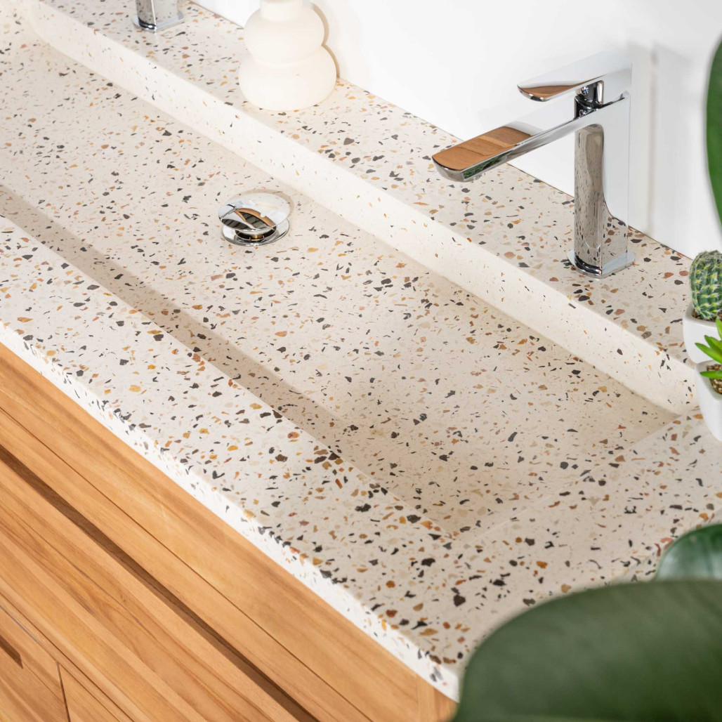 Meuble salle de bain en teck et terrazzo crème Sira 120cm - Wanda collection