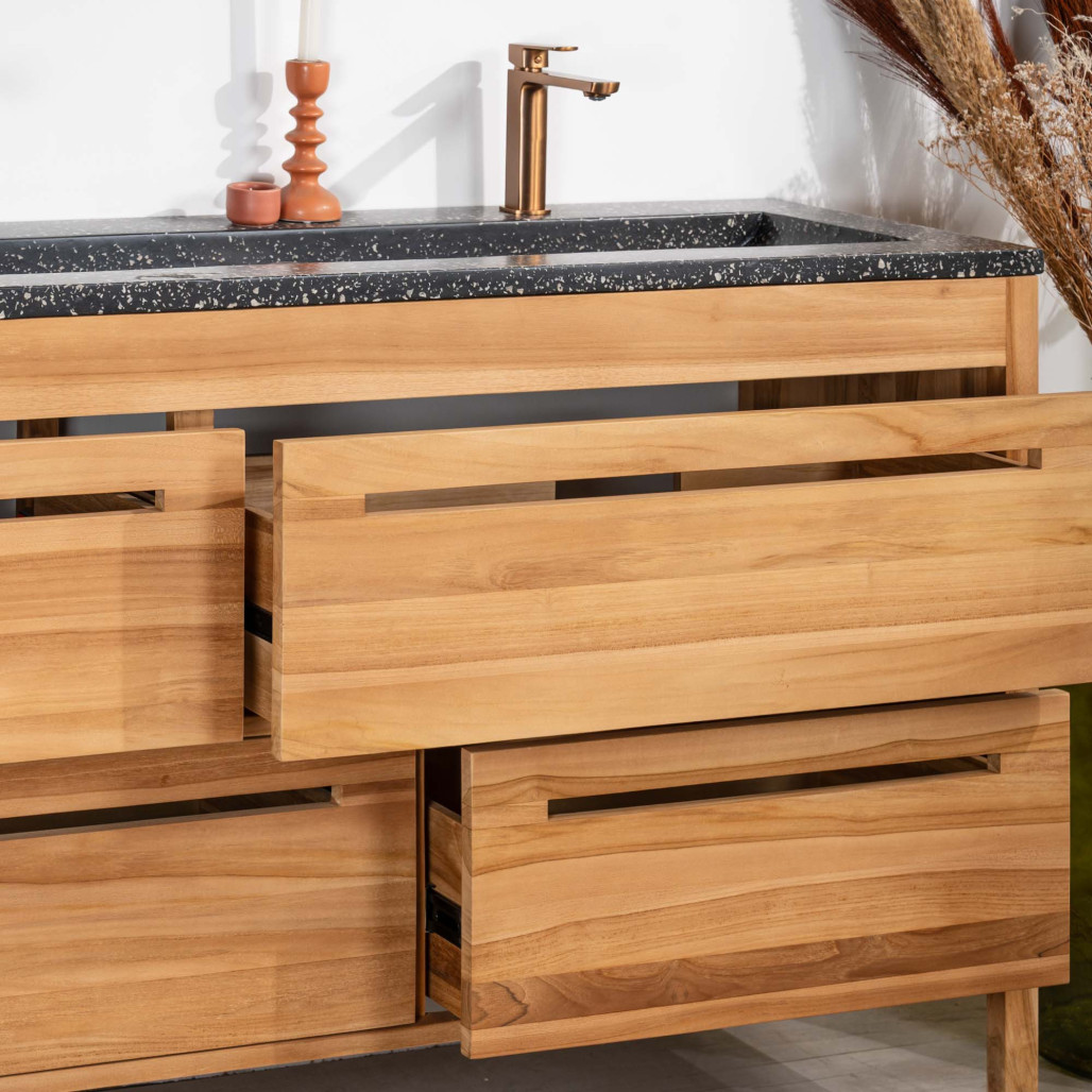 Meuble salle de bain en teck et terrazzo noir Sira 140cm - Wanda collection Meuble salle de bain en teck et terrazzo noir Sira 140cm - Wanda collection