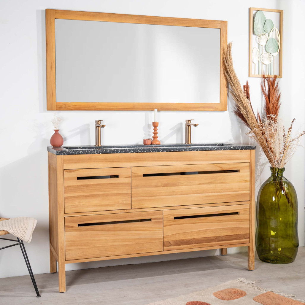 Meuble salle de bain en teck et terrazzo noir Sira 140cm - Wanda collection Meuble salle de bain en teck et terrazzo noir Sira 140cm - Wanda collection