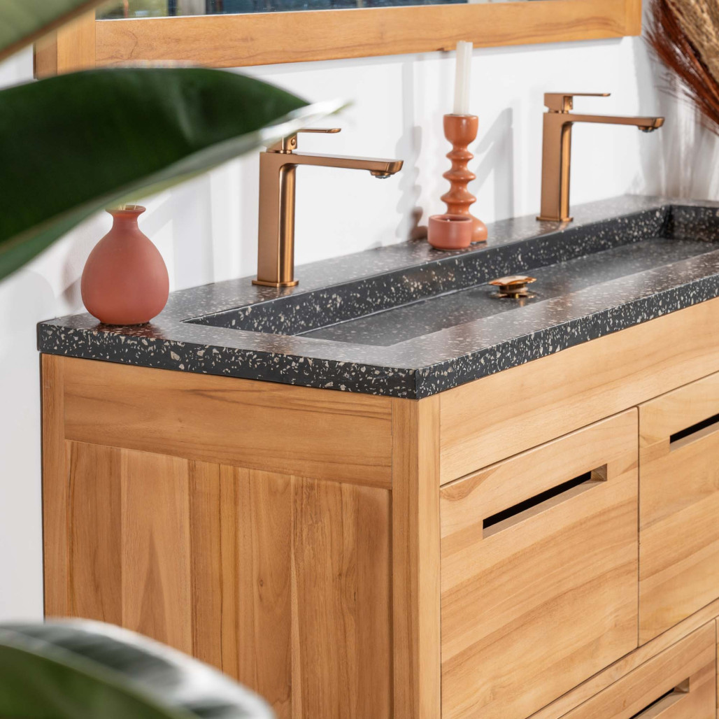 Meuble salle de bain en teck et terrazzo noir Sira 140cm - Wanda collection Meuble salle de bain en teck et terrazzo noir Sira 140cm - Wanda collection