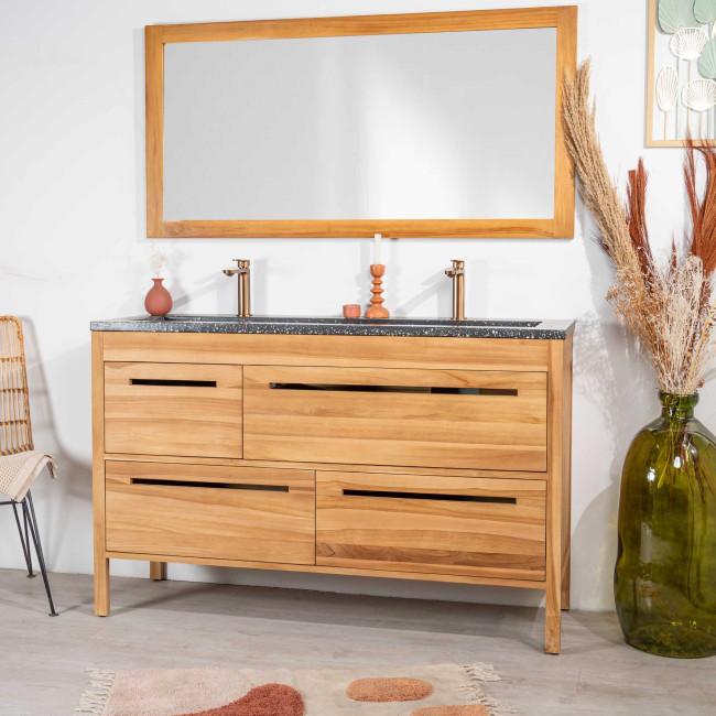 Meuble salle de bain en teck et terrazzo noir Sira 140cm