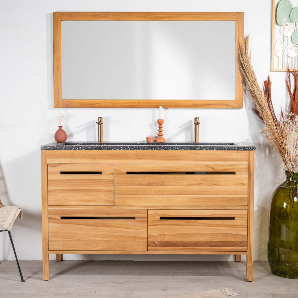 Meuble salle de bain en teck et terrazzo noir Sira 140cm - Wanda collection Meuble salle de bain en teck et terrazzo noir Sira 140cm - Wanda collection