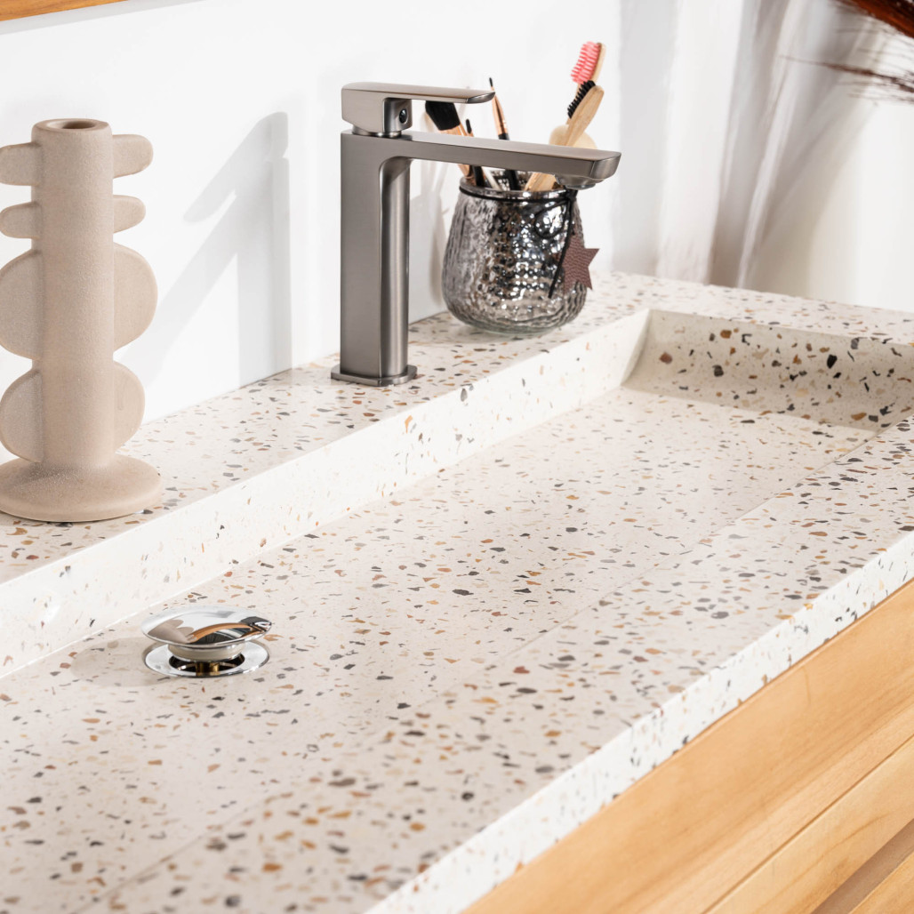 Meuble salle de bain en teck et terrazzo crème Sira 140cm - Wanda collection Meuble salle de bain en teck et terrazzo crème Sira 140cm - Wanda collection