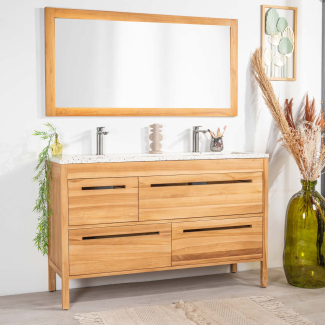 Meuble salle de bain en teck et terrazzo crème Sira 140cm - Wanda collection