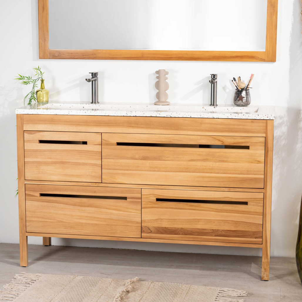 Meuble salle de bain en teck et terrazzo crème Sira 140cm - Wanda collection Meuble salle de bain en teck et terrazzo crème Sira 140cm - Wanda collection