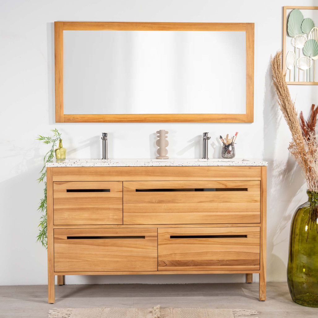 Meuble salle de bain en teck et terrazzo crème Sira 140cm - Wanda collection Meuble salle de bain en teck et terrazzo crème Sira 140cm - Wanda collection