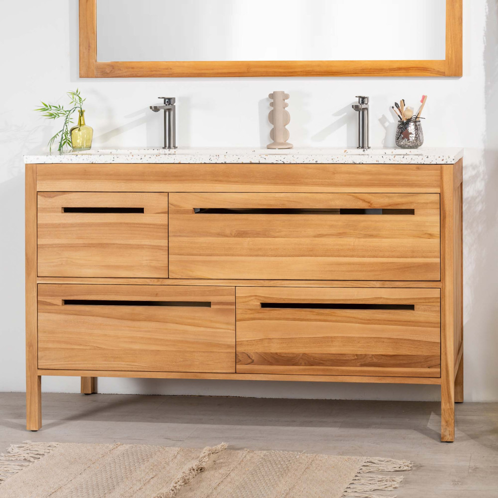 Meuble salle de bain en teck et terrazzo crème Sira 140cm Meuble salle de bain en teck et terrazzo crème Sira 140cm