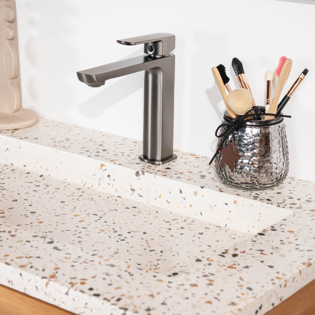 Meuble salle de bain en teck et terrazzo crème Sira 140cm - Wanda collection Meuble salle de bain en teck et terrazzo crème Sira 140cm - Wanda collection
