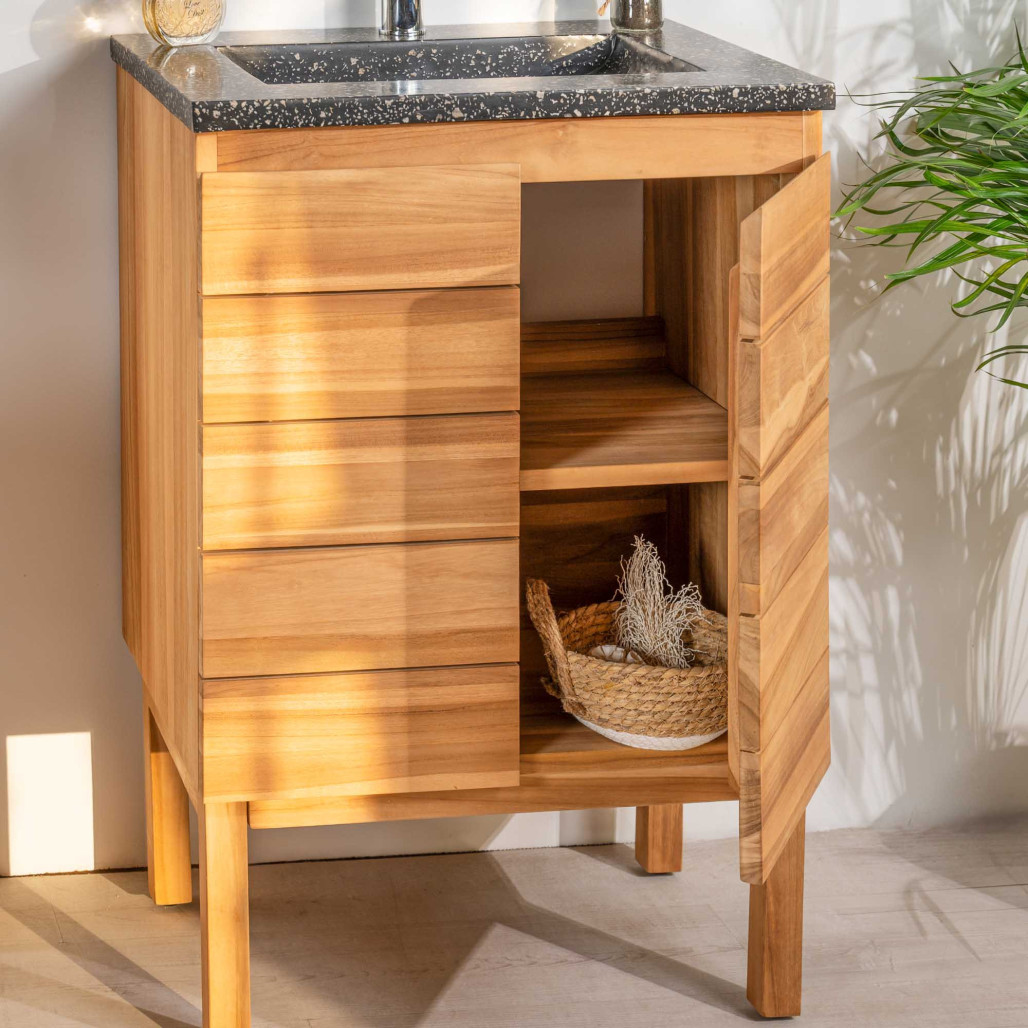 Meuble salle de bain en teck et terrazzo crème Ananta 60cm - Salle de bain - Wanda collection Meuble salle de bain en teck et terrazzo crème Ananta 60cm - Salle de bain - Wanda collection