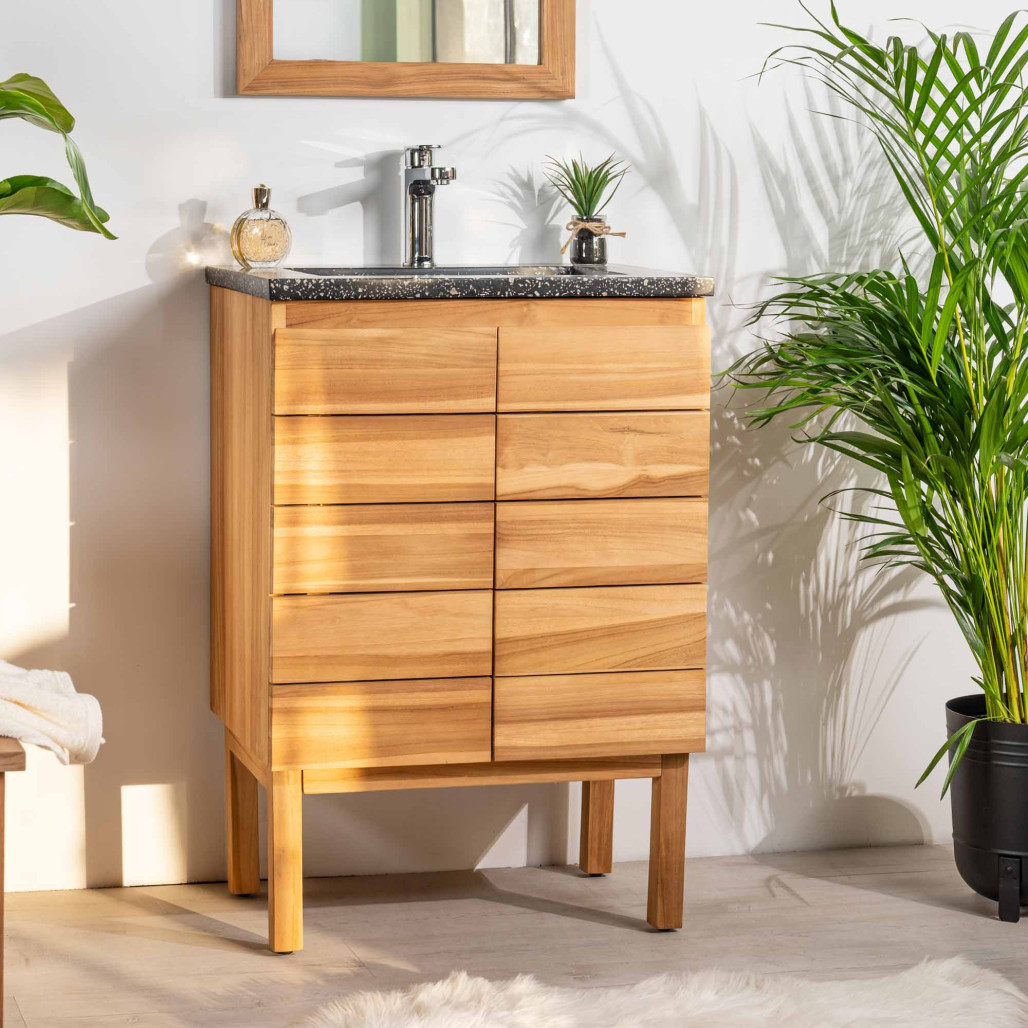 Meuble salle de bain en teck et terrazzo crème Ananta 60cm - Salle de bain - Wanda collection Meuble salle de bain en teck et terrazzo crème Ananta 60cm - Salle de bain - Wanda collection