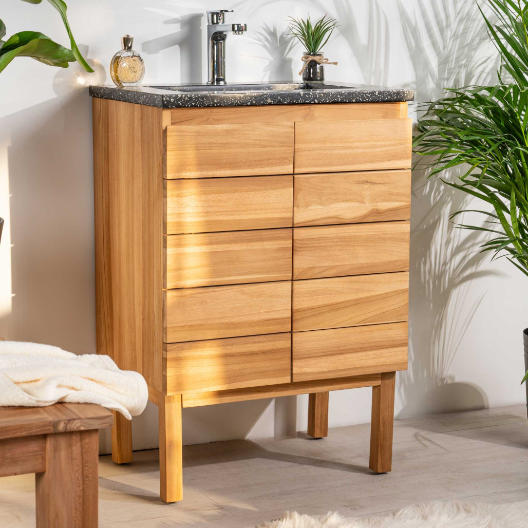 Meuble salle de bain en teck et terrazzo crème Ananta 60cm - Salle de bain - Wanda collection Meuble salle de bain en teck et terrazzo crème Ananta 60cm - Salle de bain - Wanda collection