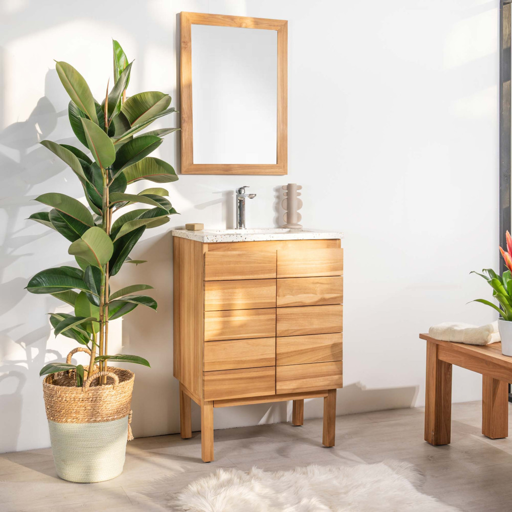 Meuble salle de bain en teck et terrazzo crème Ananta 60cm - Salle de bain - Wanda collection