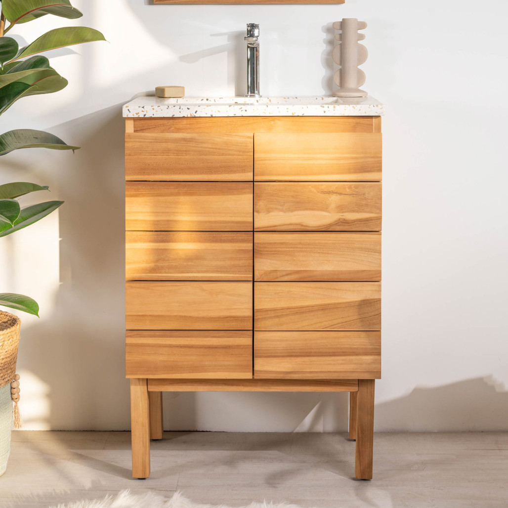 Meuble salle de bain en teck et terrazzo crème Ananta 60cm - Salle de bain - Wanda collection
