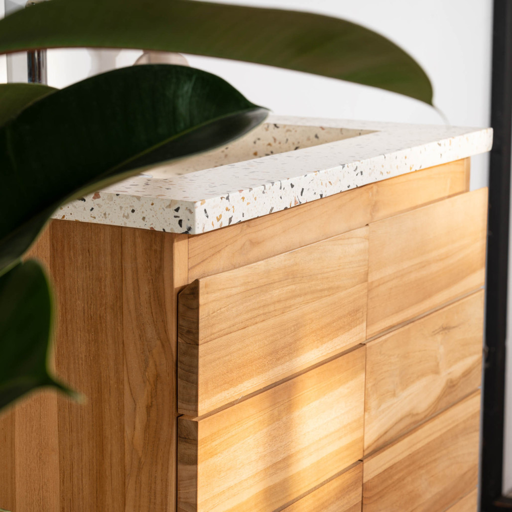 Meuble salle de bain en teck et terrazzo crème Ananta 60cm - Salle de bain - Wanda collection