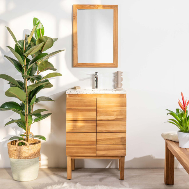 Meuble salle de bain en teck et terrazzo crème Ananta 60cm