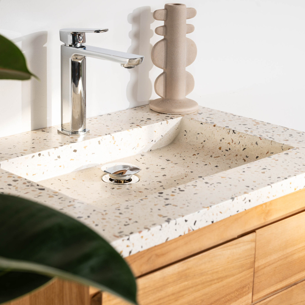 Meuble salle de bain en teck et terrazzo crème Ananta 60cm - Salle de bain - Wanda collection