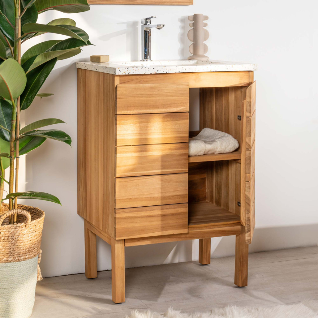 Meuble salle de bain en teck et terrazzo crème Ananta 60cm - Salle de bain - Wanda collection
