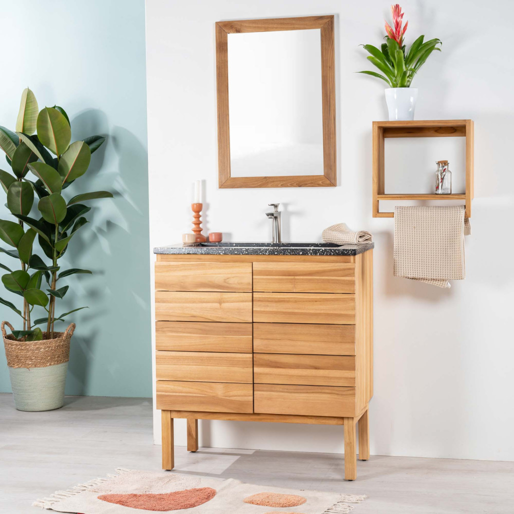 Meuble salle de bain en teck et terrazzo noir Ananta 80cm Meuble salle de bain en teck et terrazzo noir Ananta 80cm