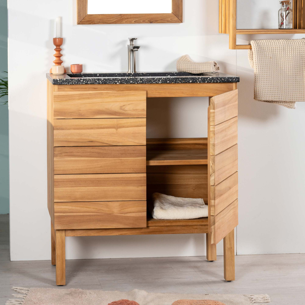 Meuble salle de bain en teck et terrazzo noir Ananta 80cm - Salle de bain - Wanda collection Meuble salle de bain en teck et terrazzo noir Ananta 80cm - Salle de bain - Wanda collection