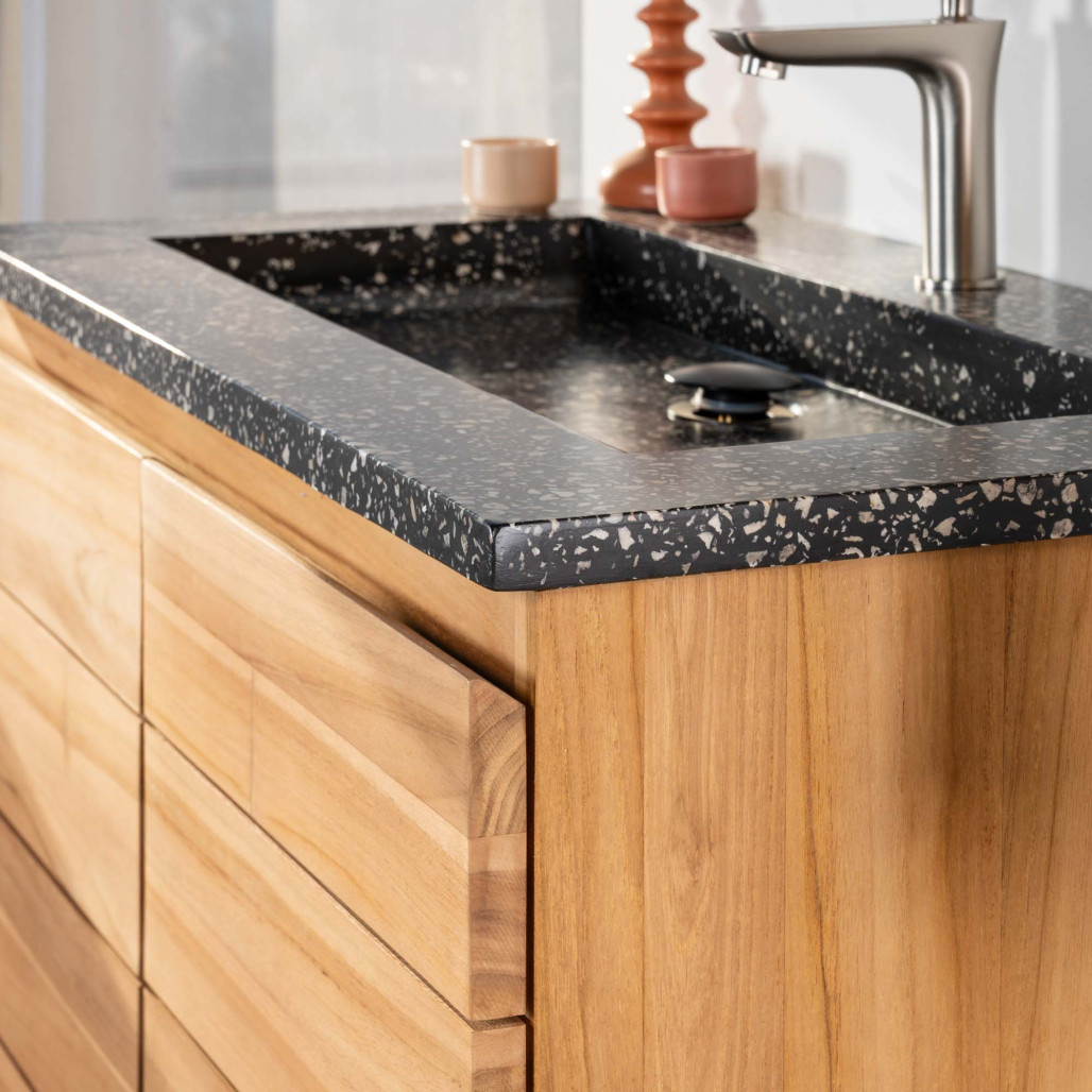 Meuble salle de bain en teck et terrazzo noir Ananta 80cm - Salle de bain - Wanda collection Meuble salle de bain en teck et terrazzo noir Ananta 80cm - Salle de bain - Wanda collection