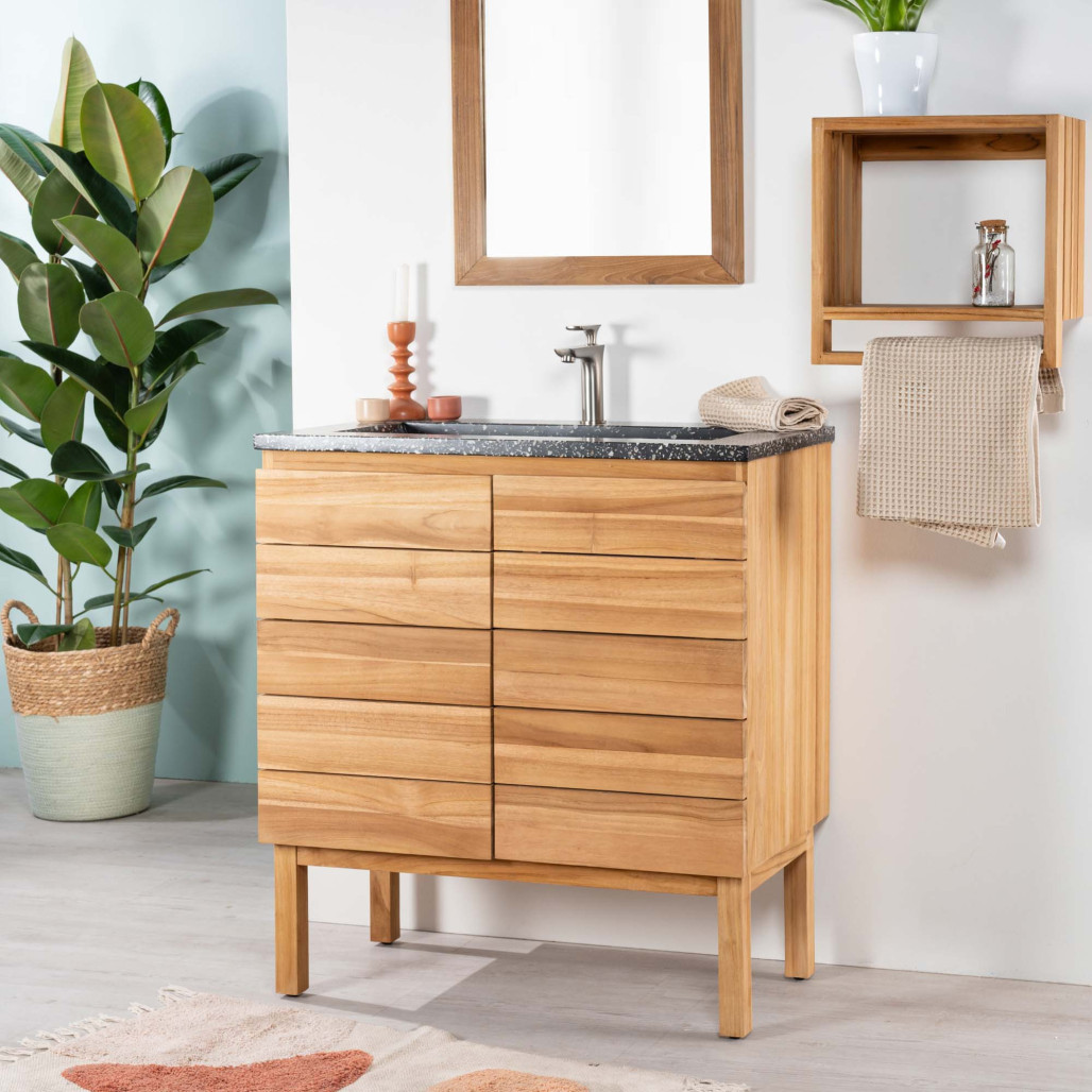 Meuble salle de bain en teck et terrazzo noir Ananta 80cm - Salle de bain - Wanda collection Meuble salle de bain en teck et terrazzo noir Ananta 80cm - Salle de bain - Wanda collection