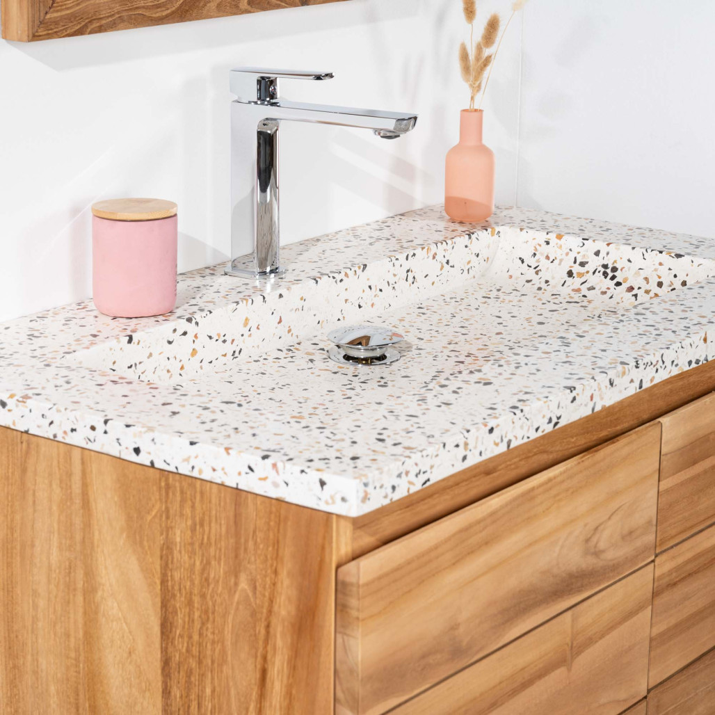 Meuble salle de bain en teck et terrazzo crème Ananta 80cm - Salle de bain - Wanda collection
