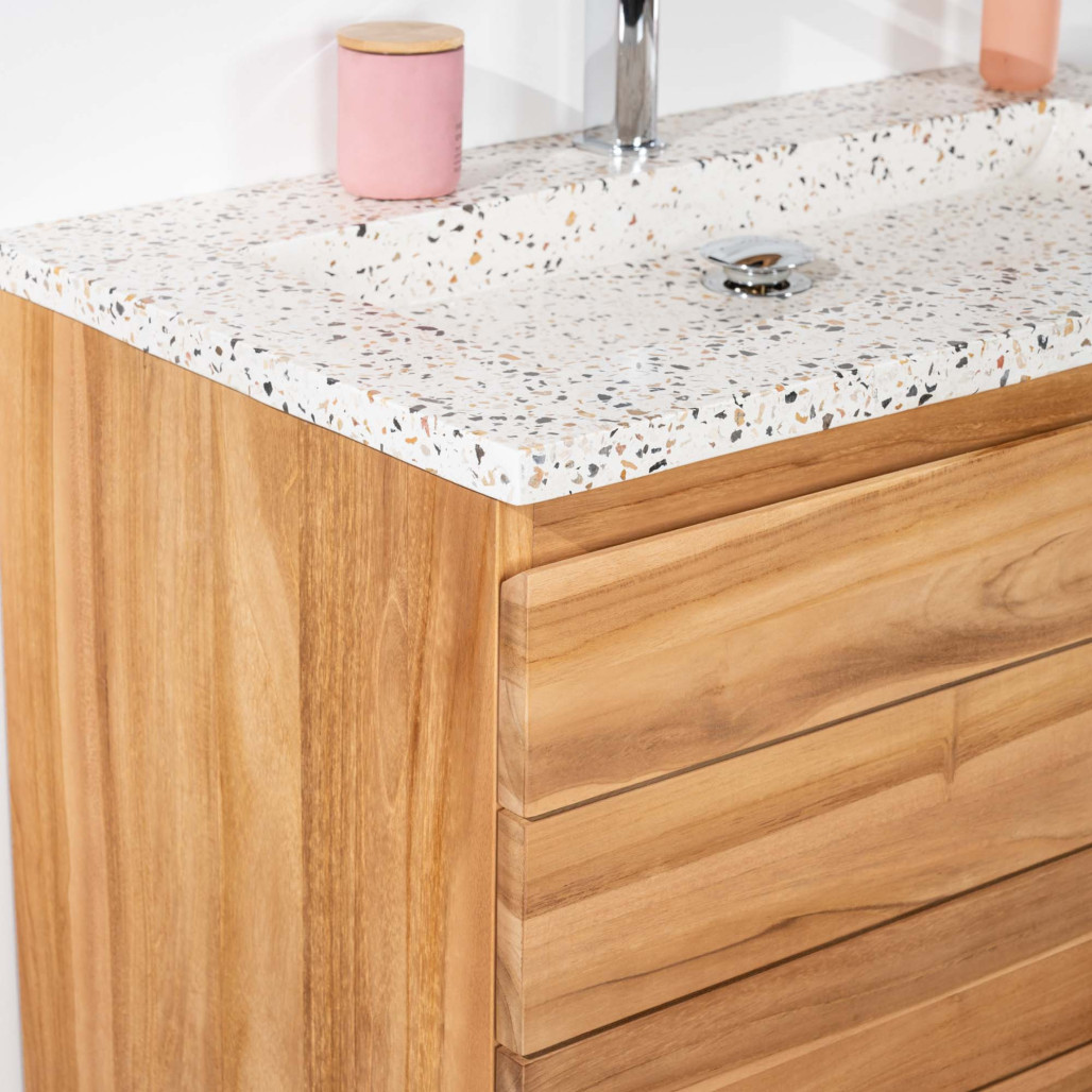 Meuble salle de bain en teck et terrazzo crème Ananta 80cm - Salle de bain - Wanda collection