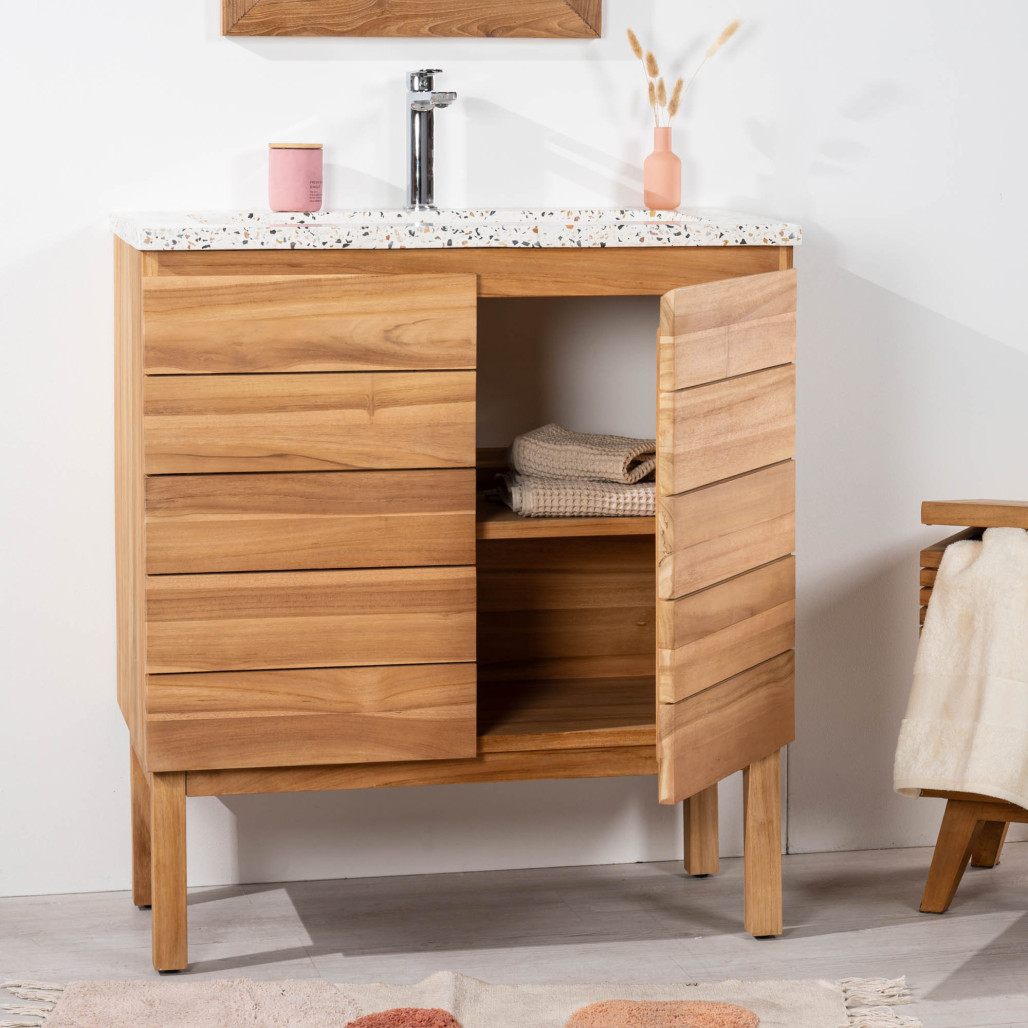 Meuble salle de bain en teck et terrazzo crème Ananta 80cm - Salle de bain - Wanda collection