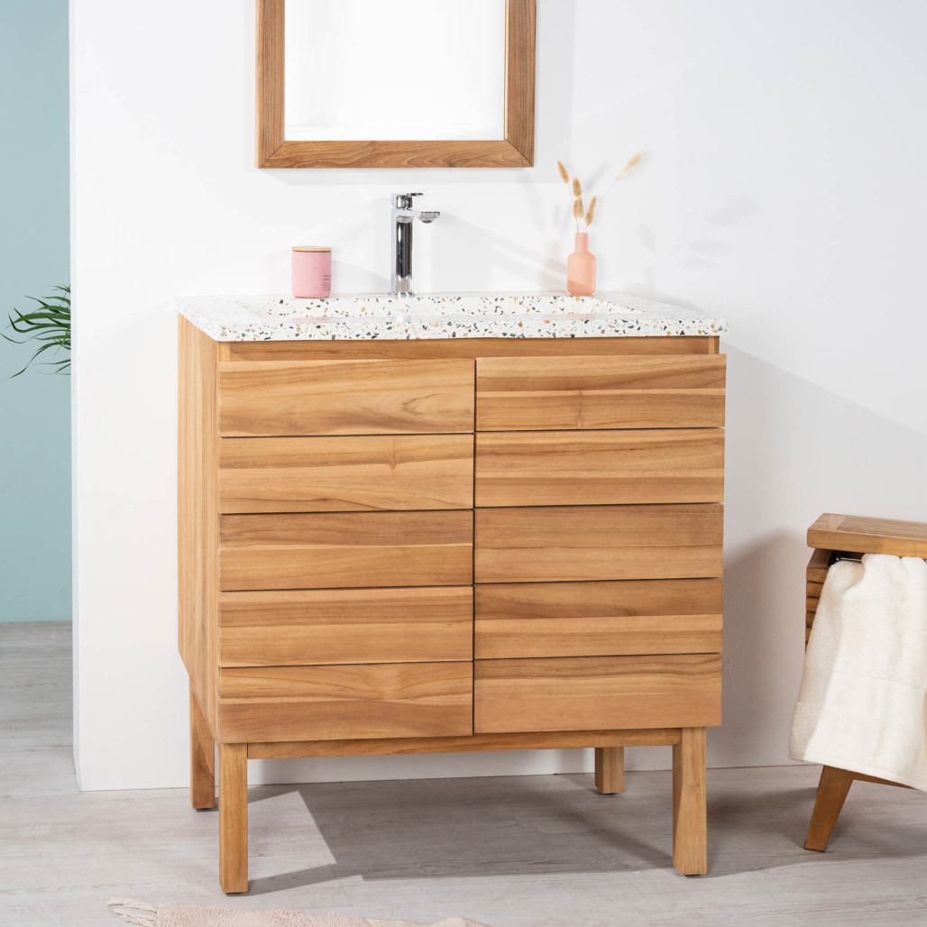 Meuble salle de bain en teck et terrazzo crème Ananta 80cm - Salle de bain - Wanda collection