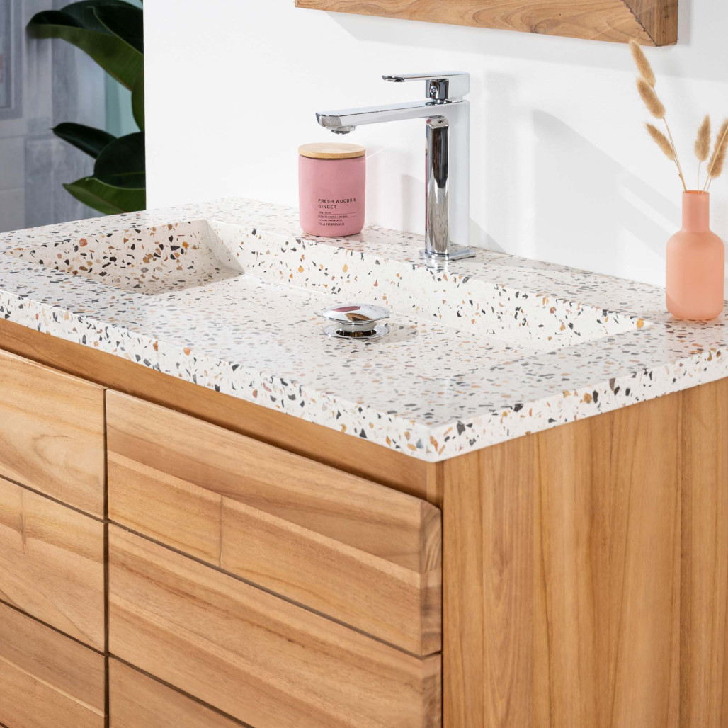 Meuble salle de bain en teck et terrazzo crème Ananta 80cm - Salle de bain - Wanda collection