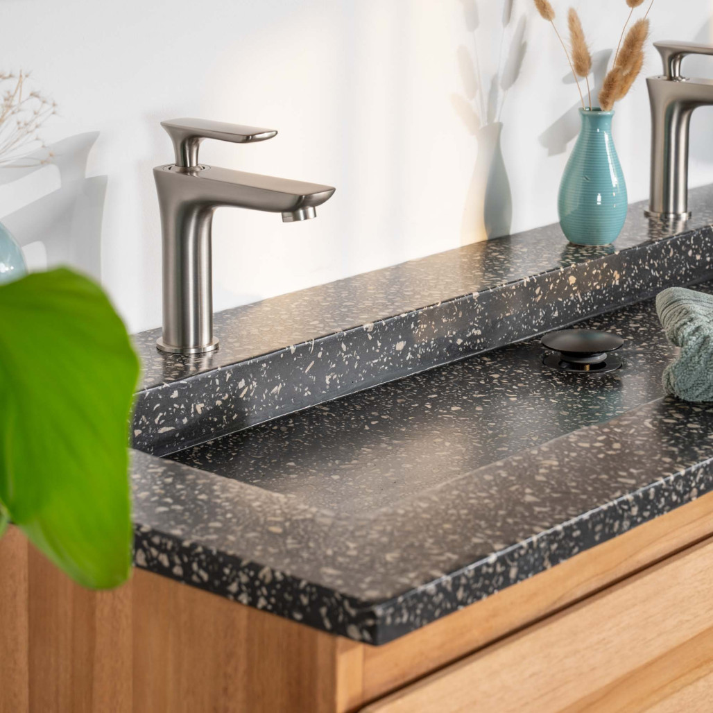 Meuble salle de bain en teck et terrazzo noir Ananta 120cm - Salle de bain - Wanda collection