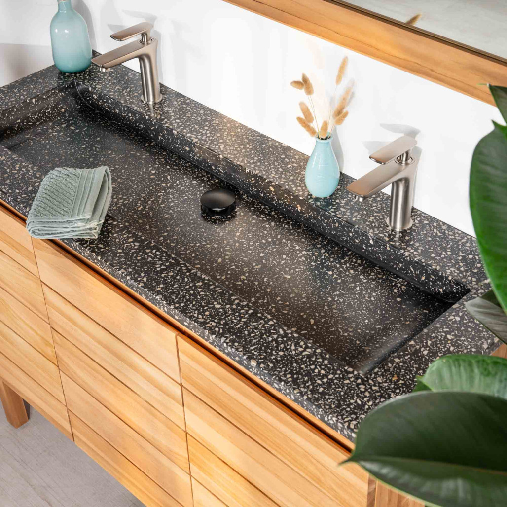 Meuble salle de bain en teck et terrazzo noir Ananta 120cm - Salle de bain - Wanda collection