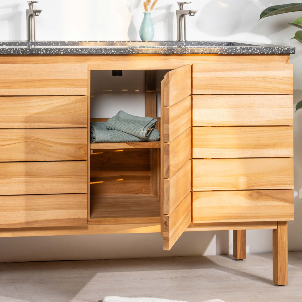 Meuble salle de bain en teck et terrazzo noir Ananta 120cm - Salle de bain - Wanda collection