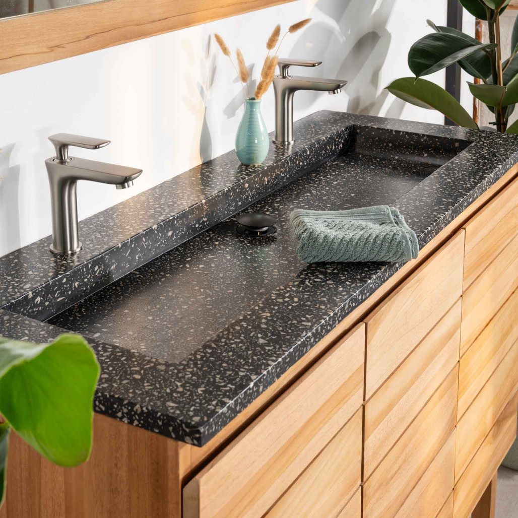 Meuble salle de bain en teck et terrazzo noir Ananta 120cm - Salle de bain - Wanda collection