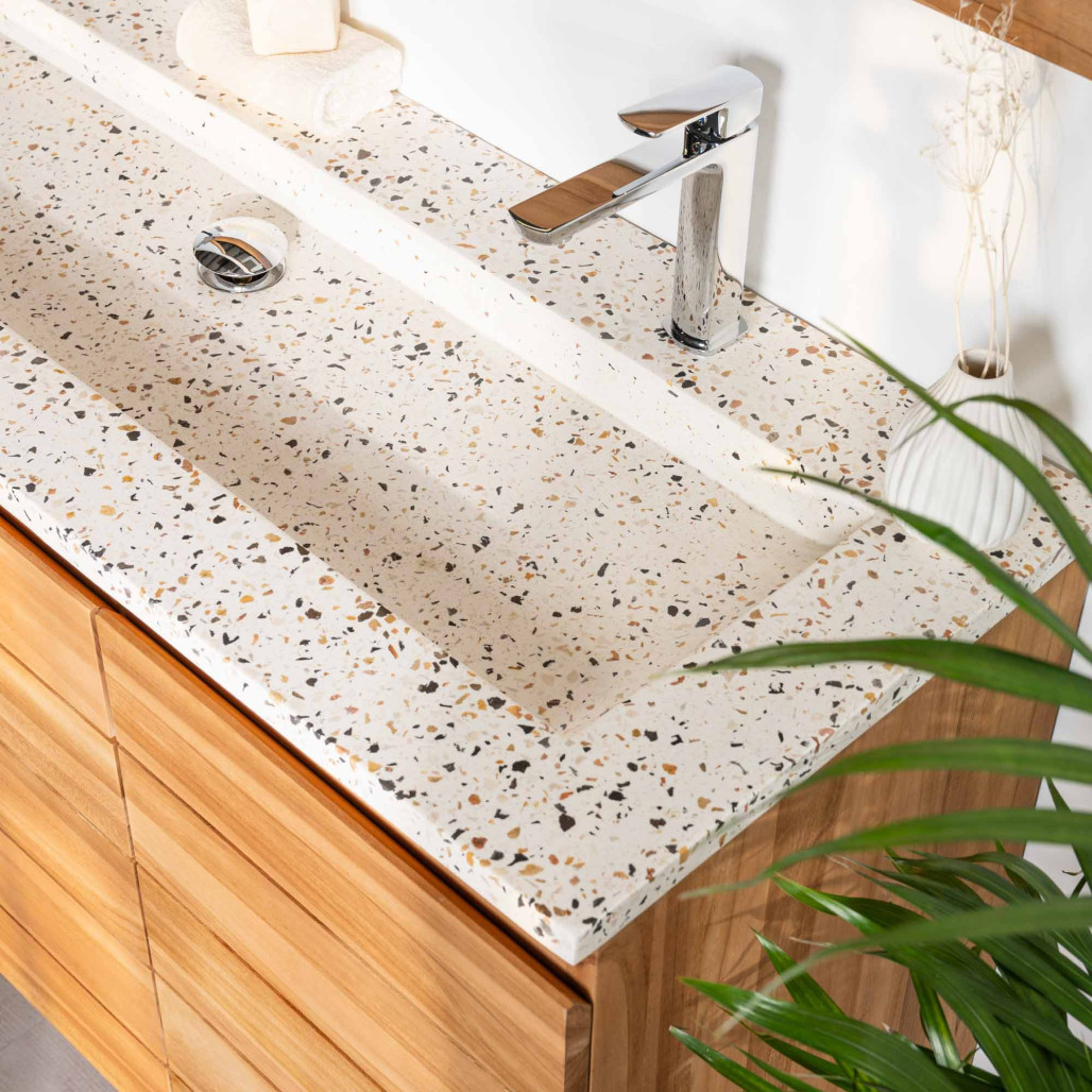 Meuble salle de bain en teck et terrazzo crème Ananta 120cm - Salle de bain - Wanda collection Meuble salle de bain en teck et terrazzo crème Ananta 120cm - Salle de bain - Wanda collection