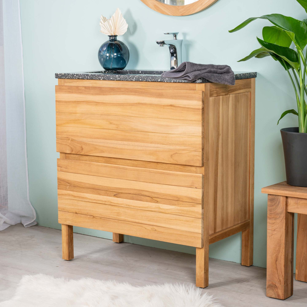 Meuble salle de bain en teck et terrazzo noir Toni 80cm