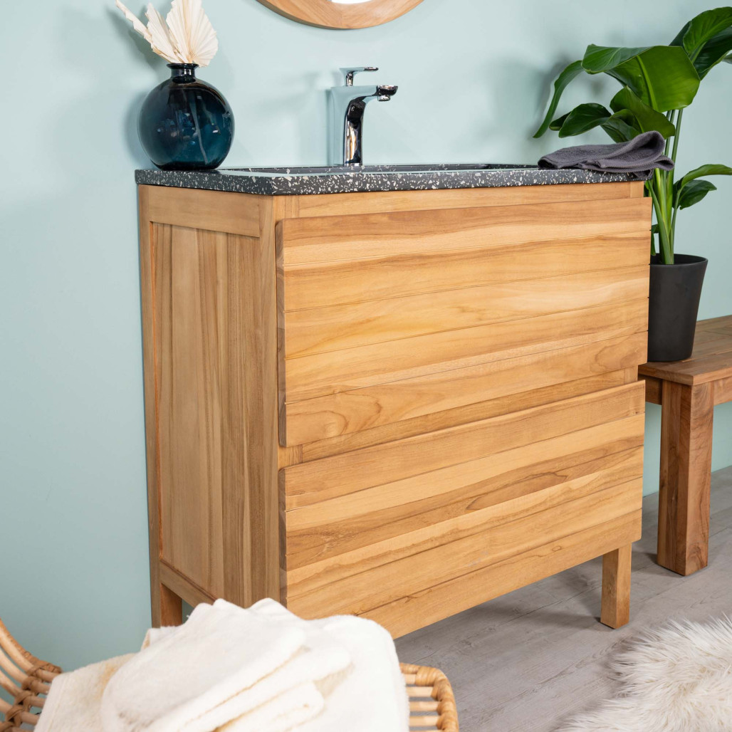 Meuble salle de bain en teck et terrazzo noir Toni 80cm - Wanda collection