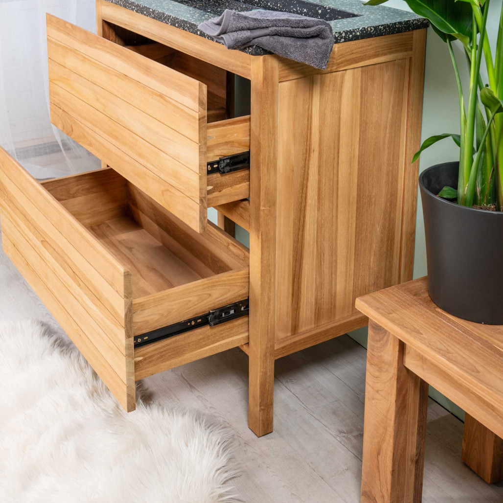 Meuble salle de bain en teck et terrazzo noir Toni 80cm - Wanda collection