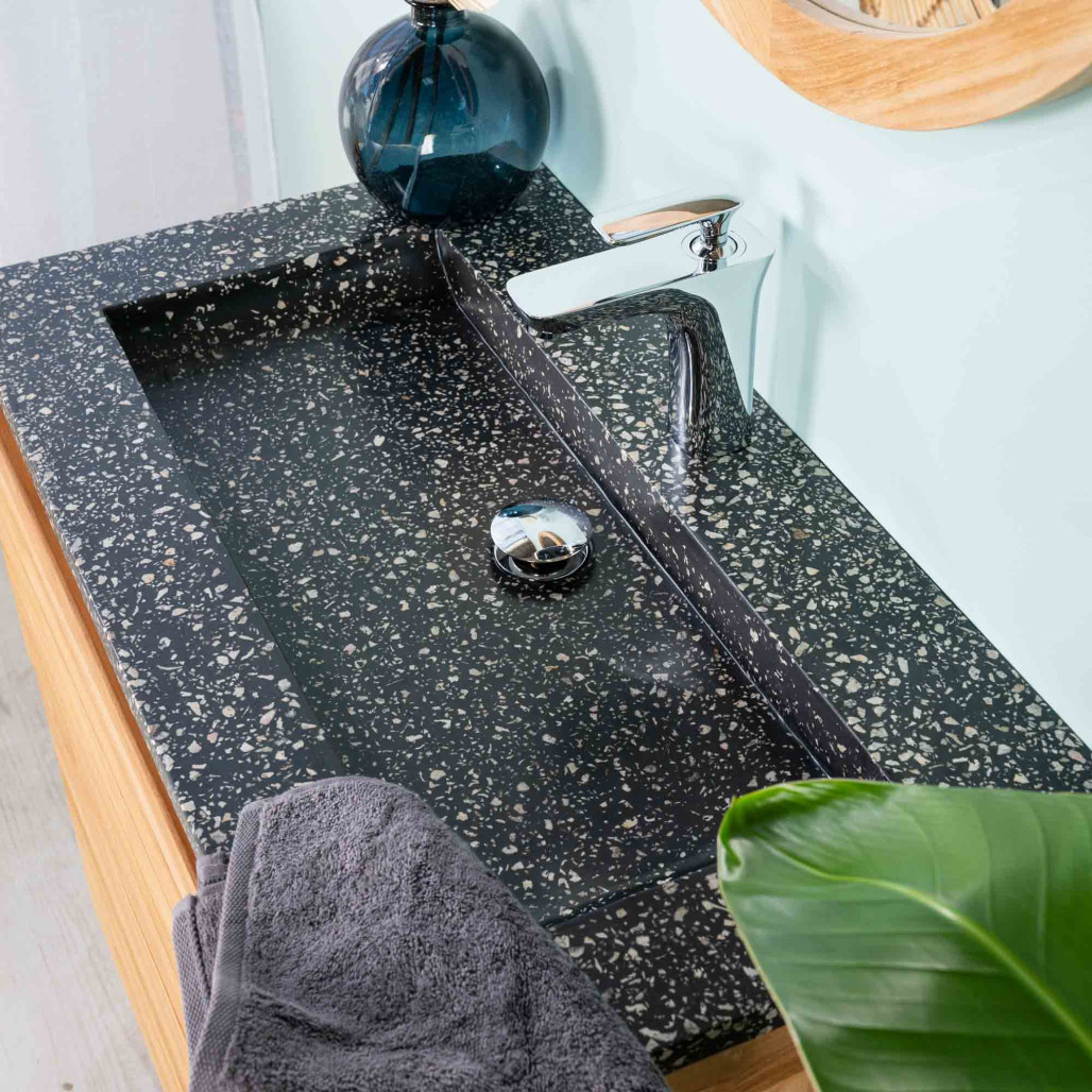 Meuble salle de bain en teck et terrazzo noir Toni 80cm - Wanda collection