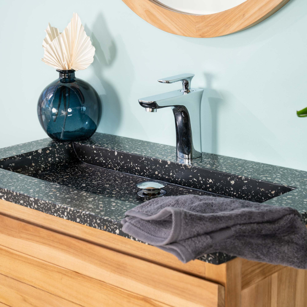 Meuble salle de bain en teck et terrazzo noir Toni 80cm - Wanda collection
