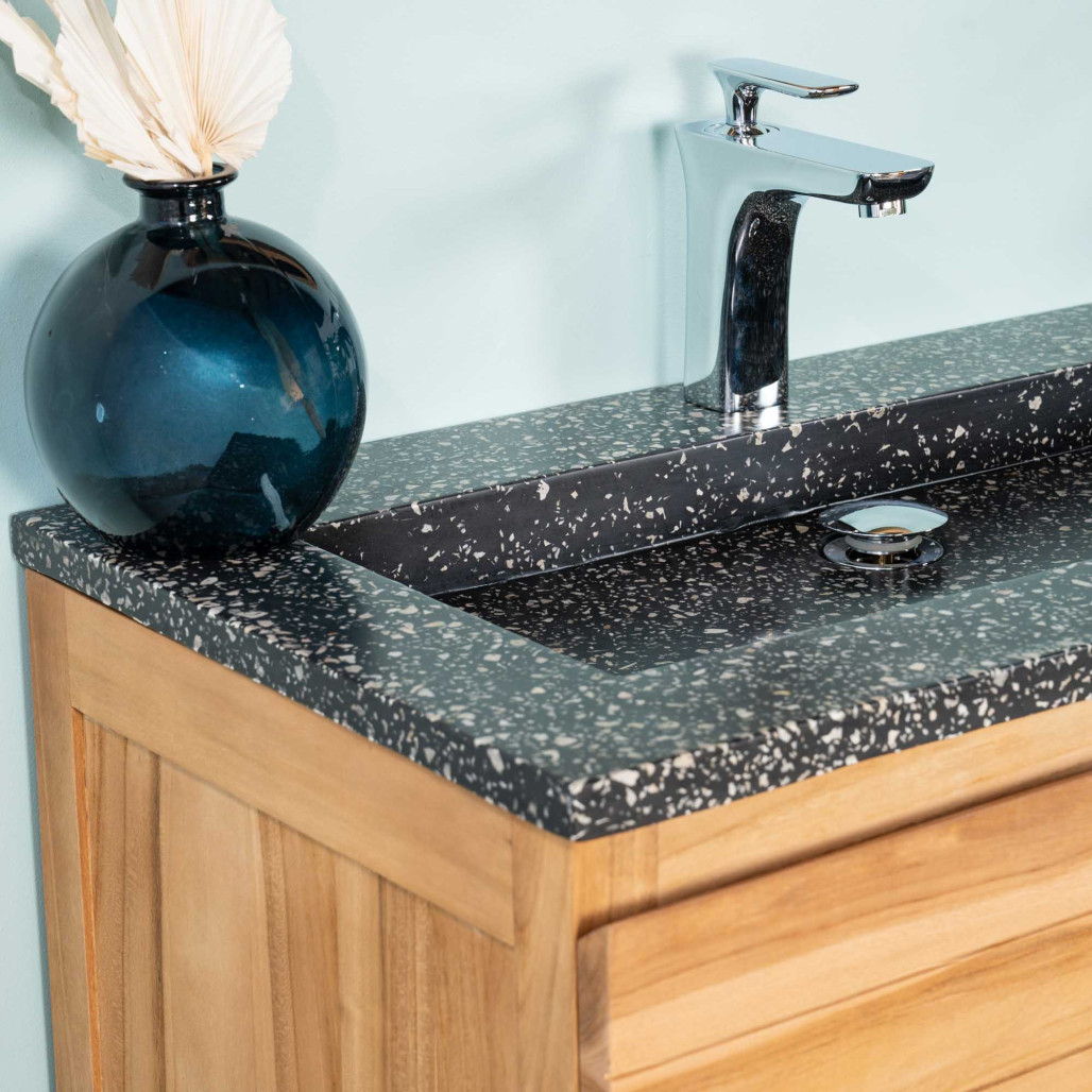 Meuble salle de bain en teck et terrazzo noir Toni 80cm - Wanda collection