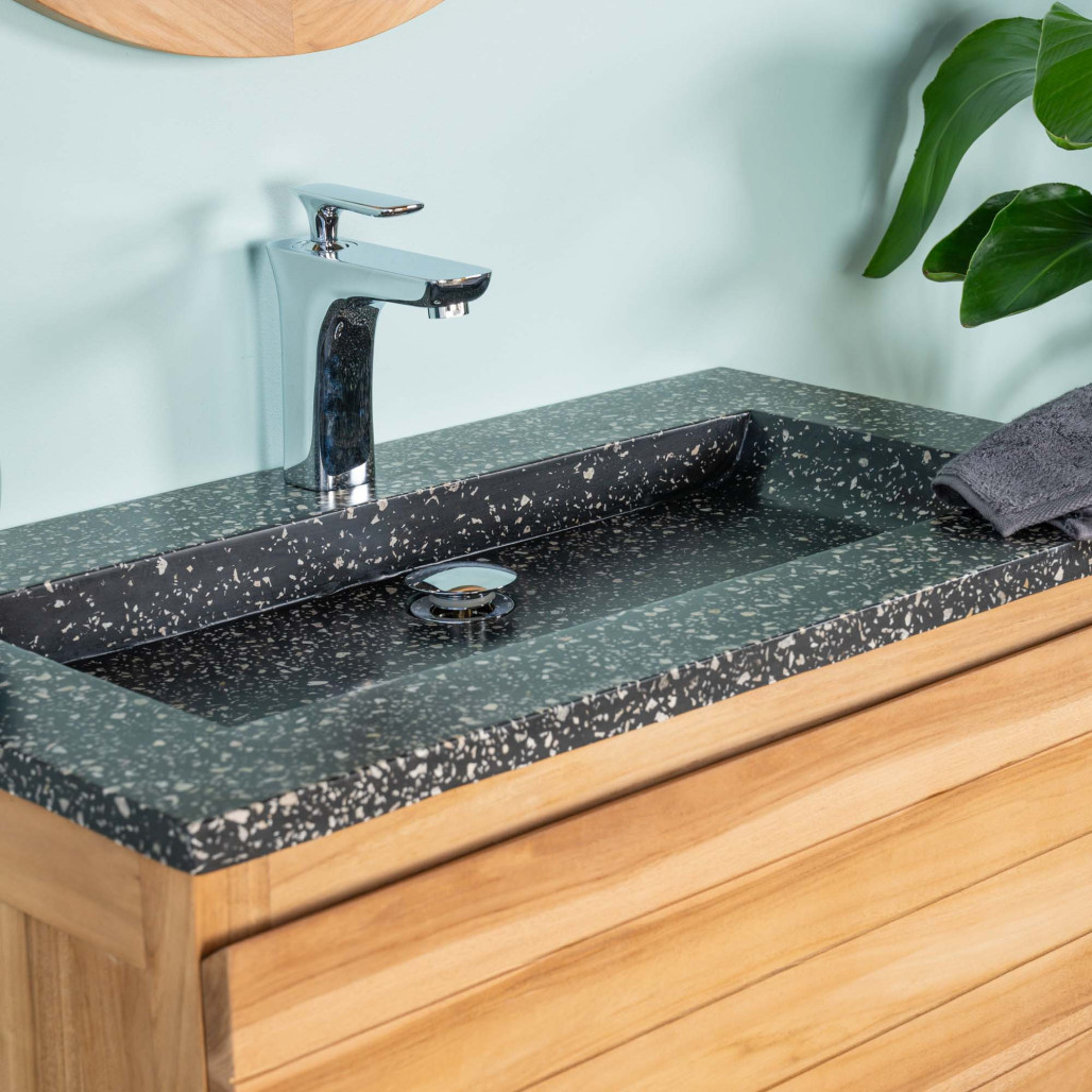 Meuble salle de bain en teck et terrazzo noir Toni 80cm - Wanda collection
