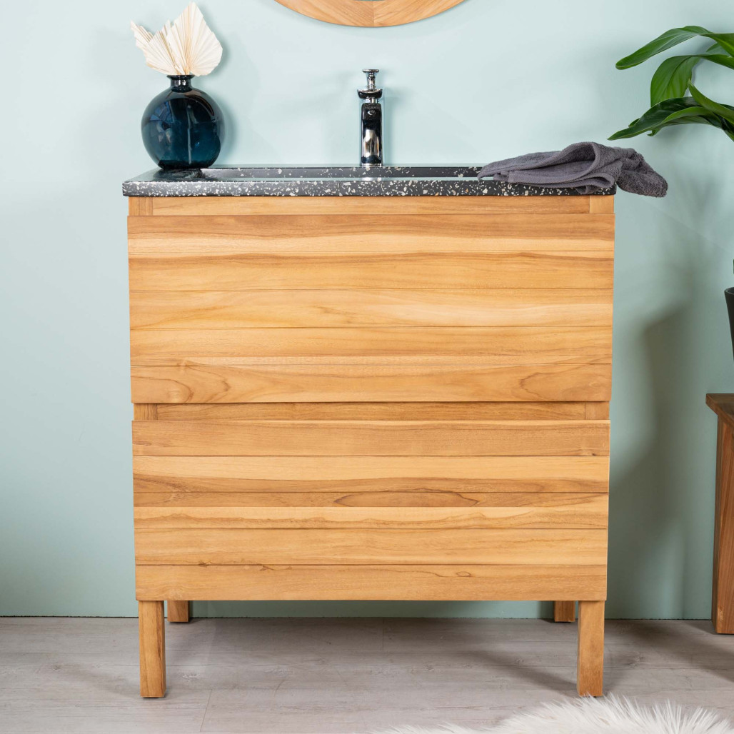 Meuble salle de bain en teck et terrazzo noir Toni 80cm - Wanda collection