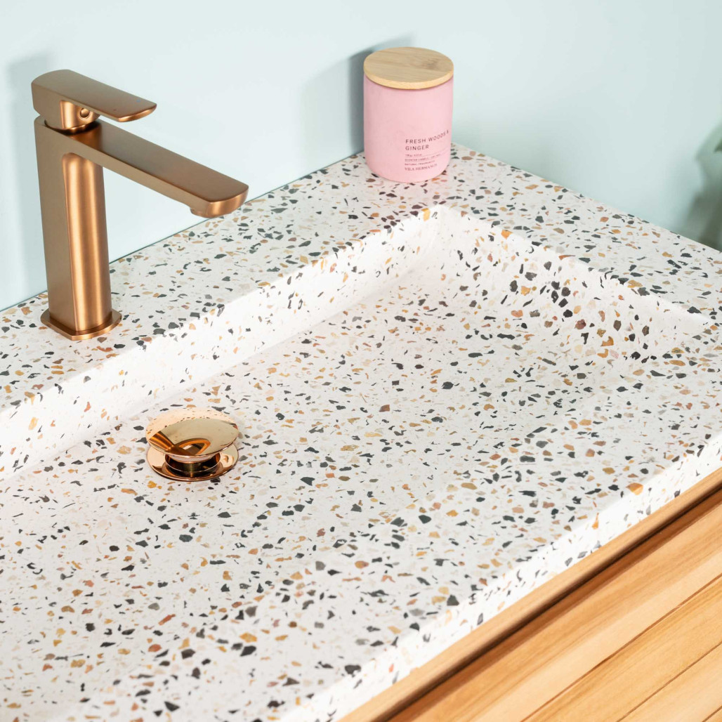 Meuble salle de bain en teck et terrazzo crème Toni 80cm - Wanda collection