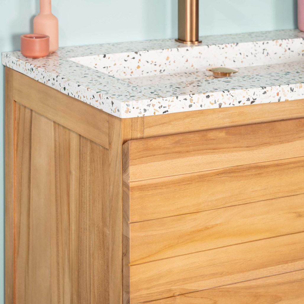 Meuble salle de bain en teck et terrazzo crème Toni 80cm - Wanda collection