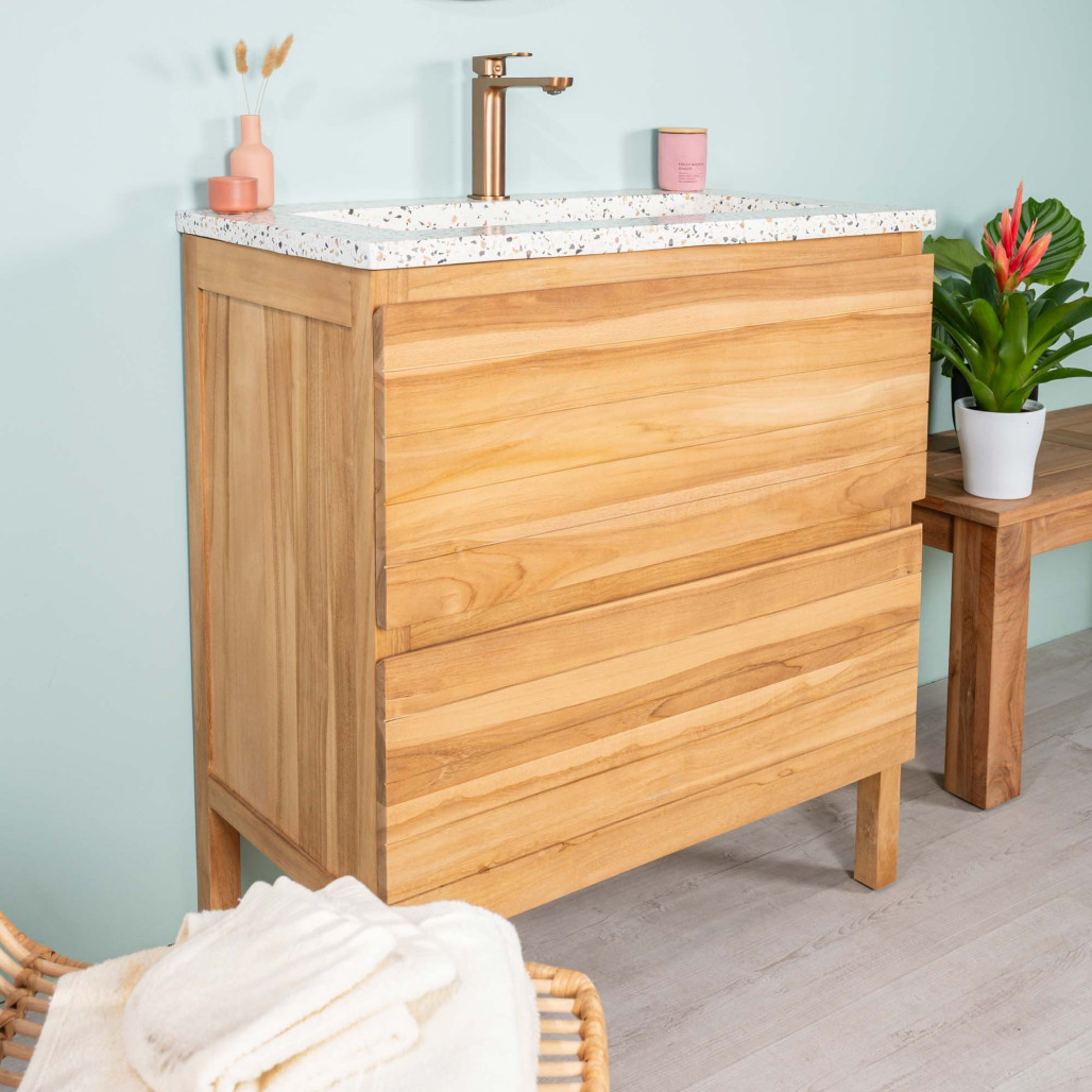Meuble salle de bain en teck et terrazzo crème Toni 80cm - Wanda collection