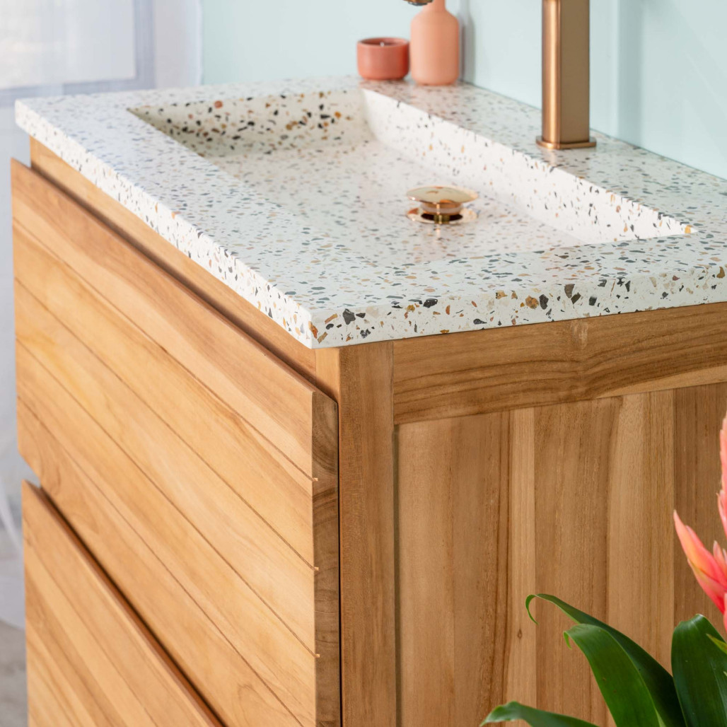 Meuble salle de bain en teck et terrazzo crème Toni 80cm - Wanda collection