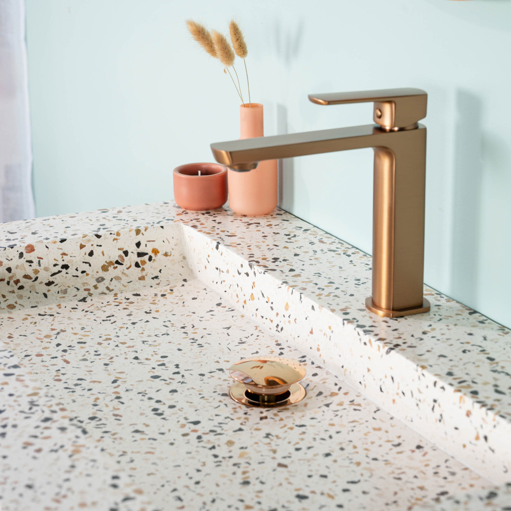 Meuble salle de bain en teck et terrazzo crème Toni 80cm - Wanda collection