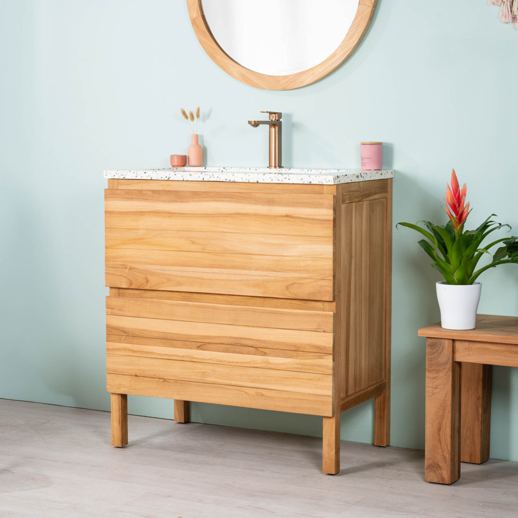 Meuble salle de bain en teck et terrazzo crème Toni 80cm - Wanda collection